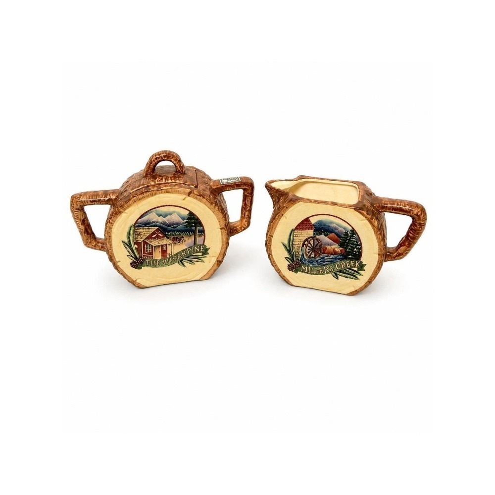 Vintage 1993 Fitz & Floyd Omnibus Hand Painted Log‎ Cabin Sugar Creamer Set OCI